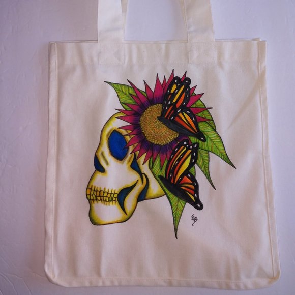 Hand-Painted Skull Tote Bag: Sunflower & Butterfly Art 14x13x7 - Picture 4 of 16